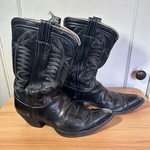 M.L. Leddy Western Boots Black Leather Handmade Pointed Toe Distressed